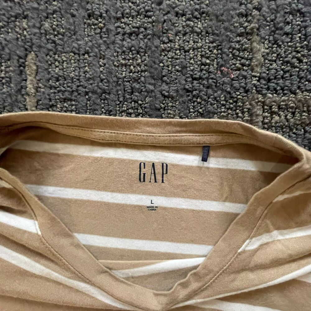 GAP Womens Tan White Striped Drop Shoulder Long Sleeve Crewneck Top Shirt L - Picture 4 of 8